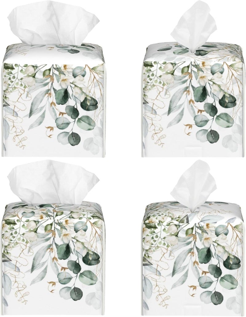 sndheke Eucalyptus Leaves and Flowers Tissue Box Cover Square,Watercolor Green Leaves Branches Tissue Box Holder Waterproof Leather Facial Paper Organizer Dispenser for Bathroom Home Car Nightstand Vanity - Image 2